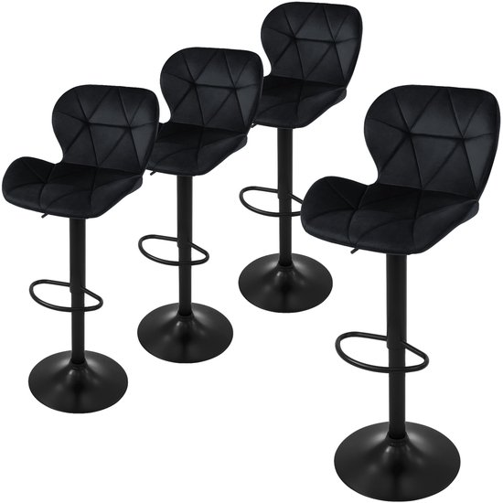 ML- Lot de 4 tabourets de bar Design , revêtement en velours, noir, tabouret de bar rembourré avec dossier et repose-pieds, tabouret de comptoir réglable en hauteur 63-83 cm, rotatif à 360°, chaise de bistro pivotante, chaises de bar