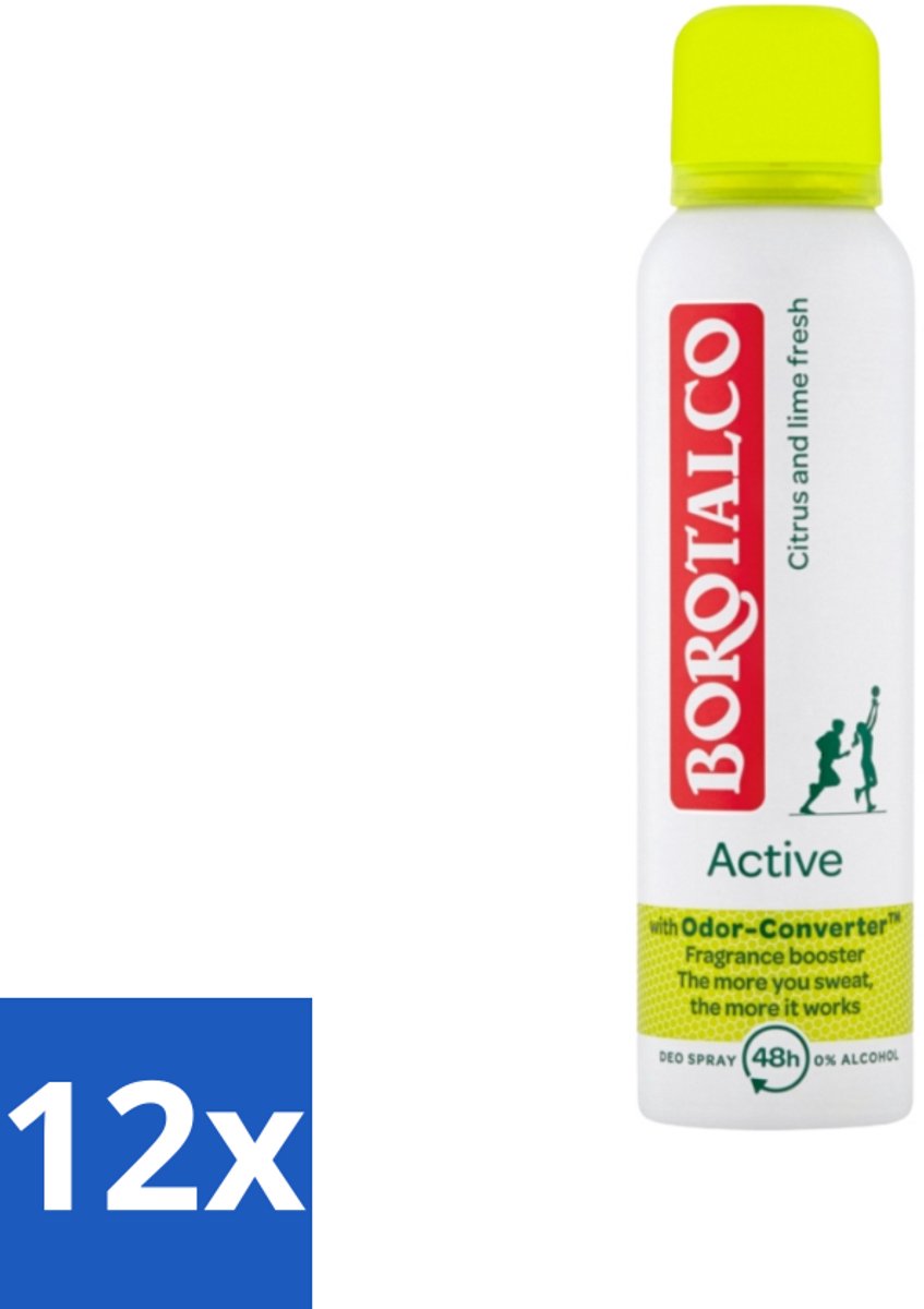 Borotalco - Deodorant Spray - Active - Citrus & Lime Fresh - 0% Alcohol - 150 ml - Voordeelverpakking - 12 stuks