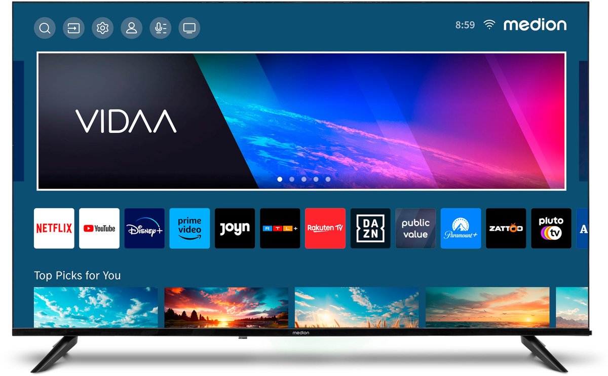 Medion X14308 (MD 31640) Ultra HD LCD Smart-TV - 108 cm (43'') Ultra HD-scherm - HDR PVR-ready - NETFLIX - Prime Video - Disney+- DAZN - Paramount+ App - VIDAA Store - Bluetooth - HD Triple Tuner - CI+
