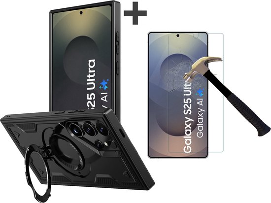 Coque Samsung Galaxy S25 Ultra avec protection d'écran en verre trempé - Coque Armor avec support anneau - Coque arrière Arara - Zwart