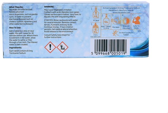 Aquatabs bruistabletten voor waterdesinfectie, met waarschuwingen en instructies.