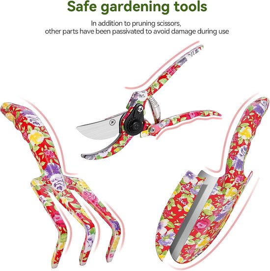 Ensemble d'outils de jardin Candala, 3 pièces en aluminium : truelle, cultivateur, sécateur, coffret cadeau pour fournitures de jardin (rouge)