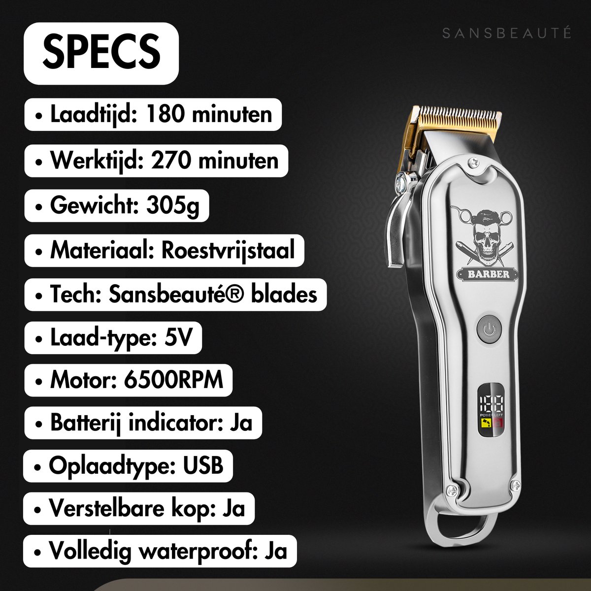 Sansbeauté Professionele Draadloze Tondeuse thumbnail 8