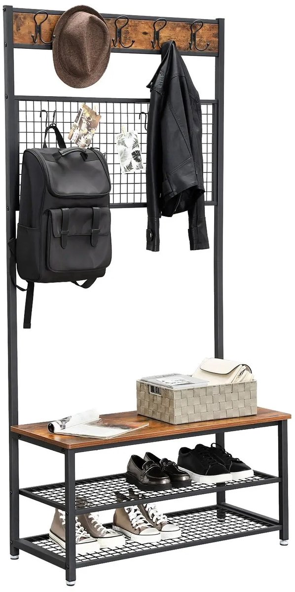 DeXem - Kapstok - Met Schoenenrek - Stabiele Metalen Frame - industriële Stijl - Rustieke Bruin En Zwart - schoenenrek