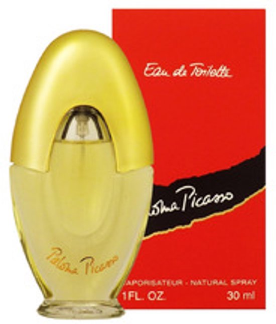 Parfumfles met transparant glas, gele vloeistof en gouden dop, naast een rode Paloma Picasso doos.