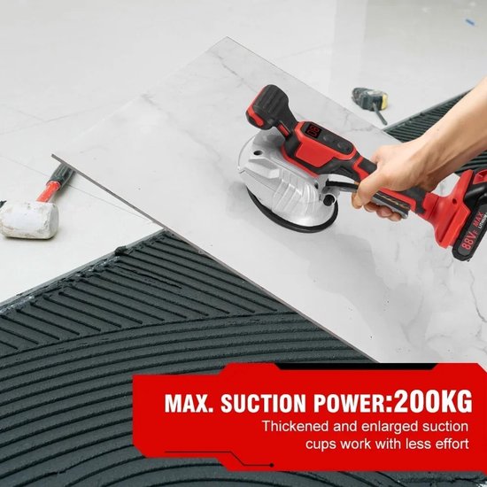 Porte-carreaux électrique 200 kg – Puissance 3 500 W – 2 batteries – 8 vitesses – Vibrations 72 000 tr/min – Poignée ergonomique – Longue durée de vie de la batterie – Rapide et précis – Pose de carrelage sans effort
