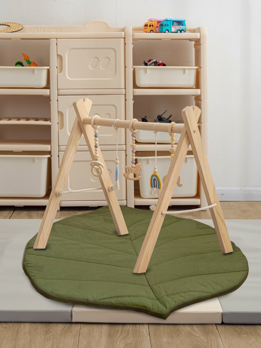 babygym hout incl. 5 speeltjes + dubbelzijdige speelmat – houten Speelboog Baby – Stevige constructie & inklapbaar — afbeelding 8