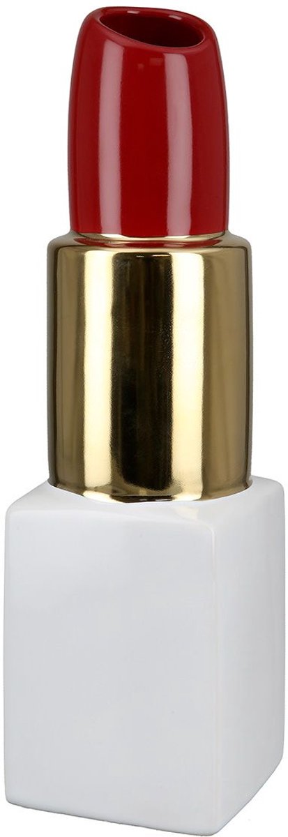 Gilde Handwerk - Vaas - Lipstick - Lippenstift Vaas - Keramiek - 30x9 cm WIT GOUD ROOD