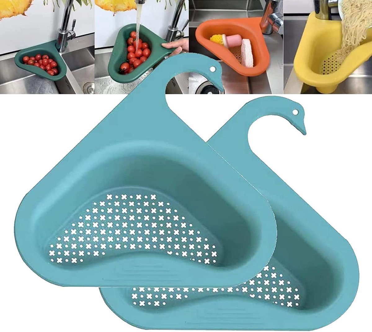 Soroh® - 2x Gootsteen Organizer - Afvoerzeef - Gootsteen Plug - Gootsteen Bakje - Gootsteen Afvalbakje - Gootsteen Vergiet - Gootsteen Zeef Plastic - Gootsteen Zeefje - Zwaanvorm - 2 STUKS - Blauw