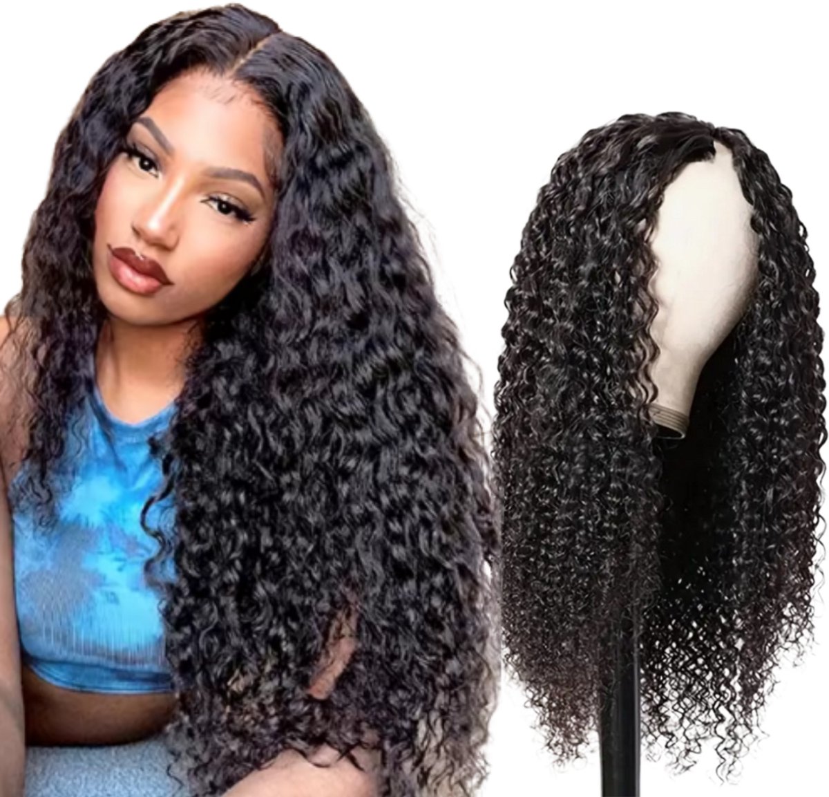 Pruik dames echt haarstuk - V part wig human hair - Pruik lang haar - Haarwerken echt haar - Glueless wigs hair - Dollsbeauty kinky krullen pruik 150% Densiteit