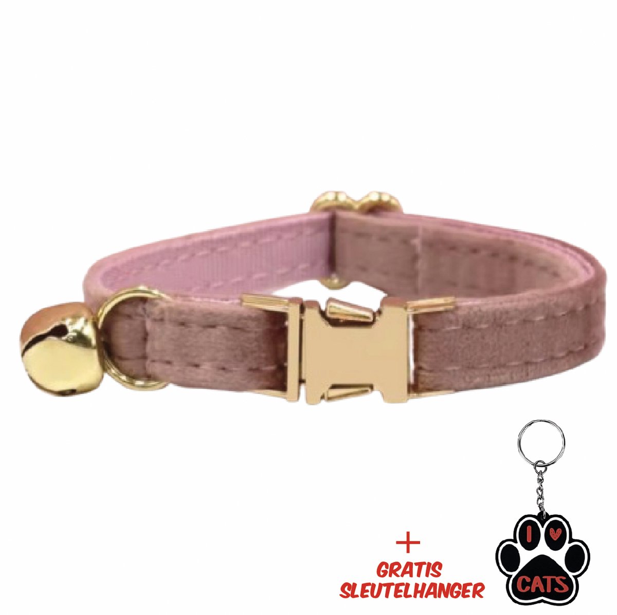 SilverAndCoco® - Roze Katten Halsband met Bel met Gratis Sleutelhanger | Velvet Kat Kitten Bandje met belletje | Kattenhalsband Suède Gouden | Kleding Decoratie | Kattenbandje Huisdier - Goud