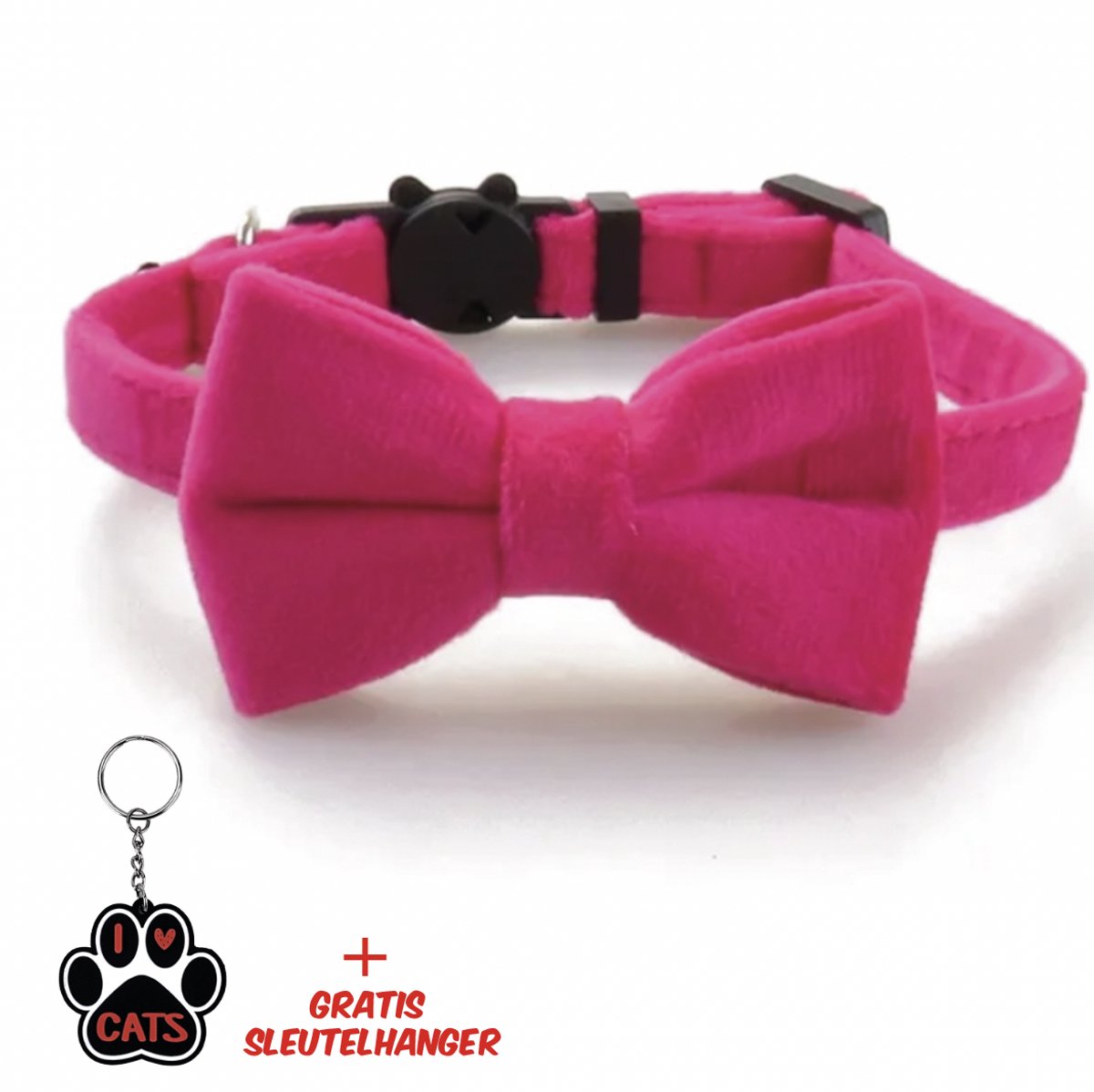 SilverAndCoco® - Katten Velvet Halsband met Strik en Bel | met gratis sleutelhanger | Kat Kitten Versiering | Suède Vlinderstrik Strikje Hond Honden | Kattenhalsband Kleding Decoratie | Feest Set Huisdier Cadeau Cadeautje - Fel Roze