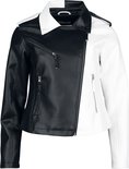 Dames bikerjack in zwart en wit, met asymmetrische rits.