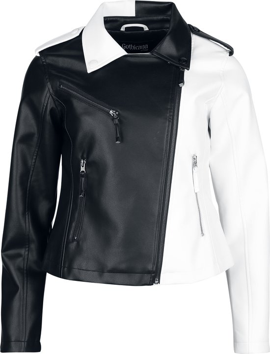 Dames bikerjack in zwart en wit, met asymmetrische rits.