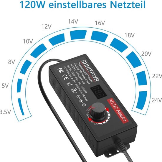 3 V-24 V universele voeding, 3 A, 72 W, instelbare voeding, 100-240 V AC naar DC transformator, converter met digitaal display en 14 tips voor huishoudelijke elektronica, DC-motor, max. 3 A