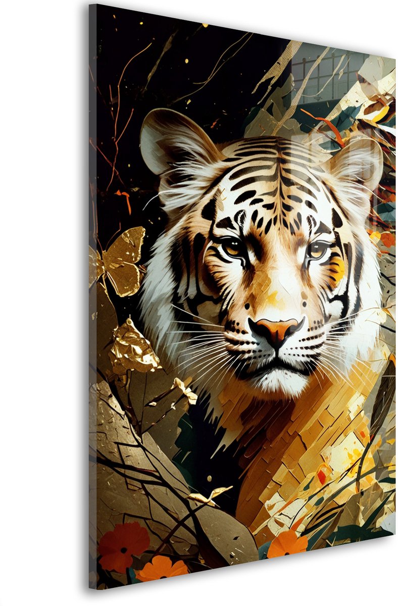 Glasschilderij Gouden junglekoning straalt - 30 x 20 cm - Tijger - Dierenhoofden - Acrylaat - Inclusief wandbevestiging - Foto op plexiglas - Wanddecoratie woonkamer