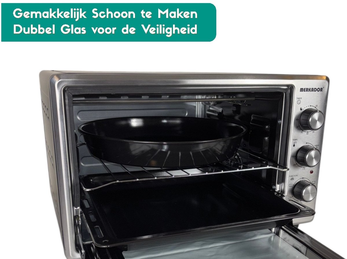 Merkador L Vrijstaande Oven - 50 Liter - 2000 Watt - RVS Afwerking - Hetelucht - Gemakkelijk Schoon Te Maken Geëmailleerde Binnenruimte – foto 4