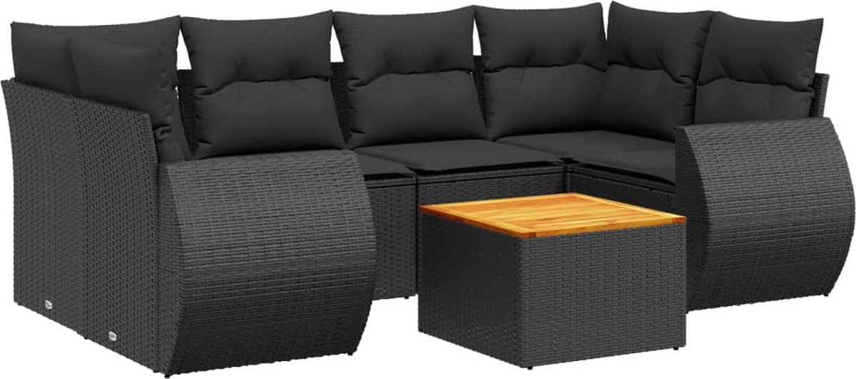 The Living Store 7-delige Loungeset met kussens poly rattan zwart - Loungeset - Lounge - Buitendecoratie - Tuinmeubels - Pe Rattan