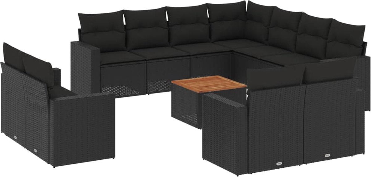 Zwart poly rattan loungeset met kussens voor buiten - The Living Store.
