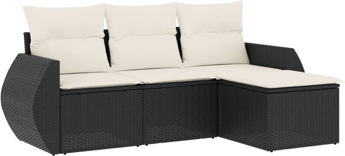 The Living Store 4-delige Loungeset met kussens poly rattan zwart - Loungeset - Tuinset - Lounge Set - Buitendecoratie - Pe Rattan