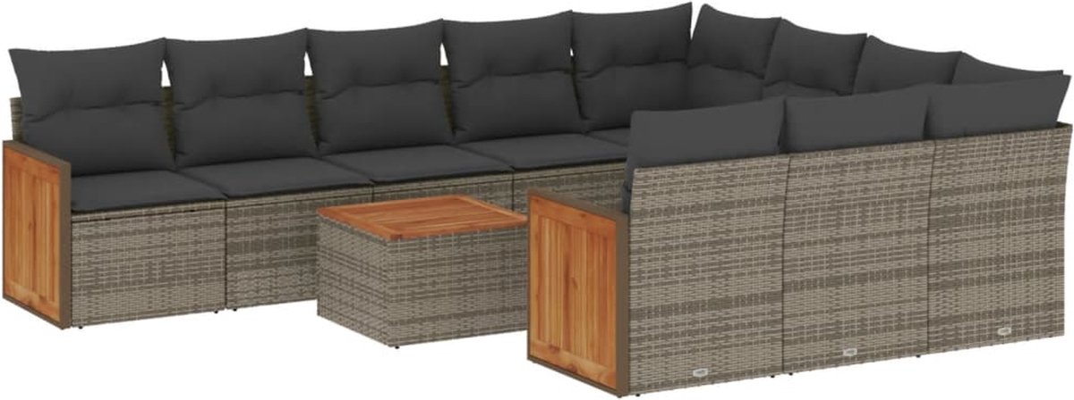 The Living Store 11-delige Loungeset met kussens poly rattan grijs - Tuinlounge Set - Lounge Set - Buitendiner - Eetkamer Set - Outdoor Furniture