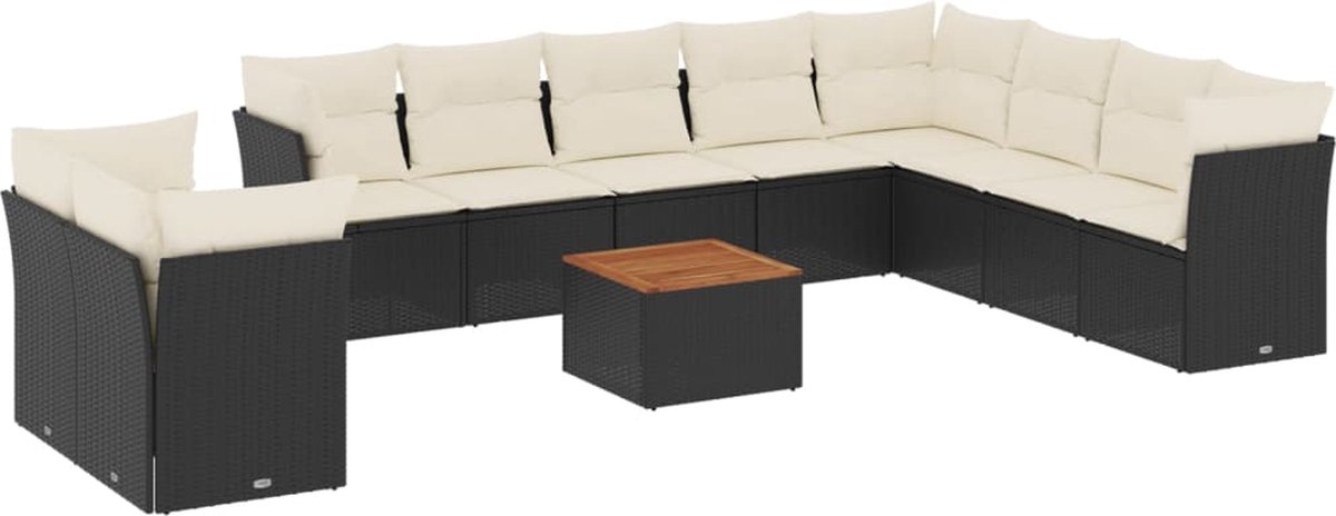 The Living Store 11-delige Loungeset met kussens poly rattan zwart - Loungeset - Loungemeubels - Buitendining - Tuinmeubelen - PE-rattan