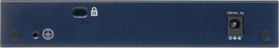Achterkant van een blauwe Netgear ProSafe 8-poorts Gigabit Switch GS108 met stroomaansluiting en vergrendelingssleuf.
