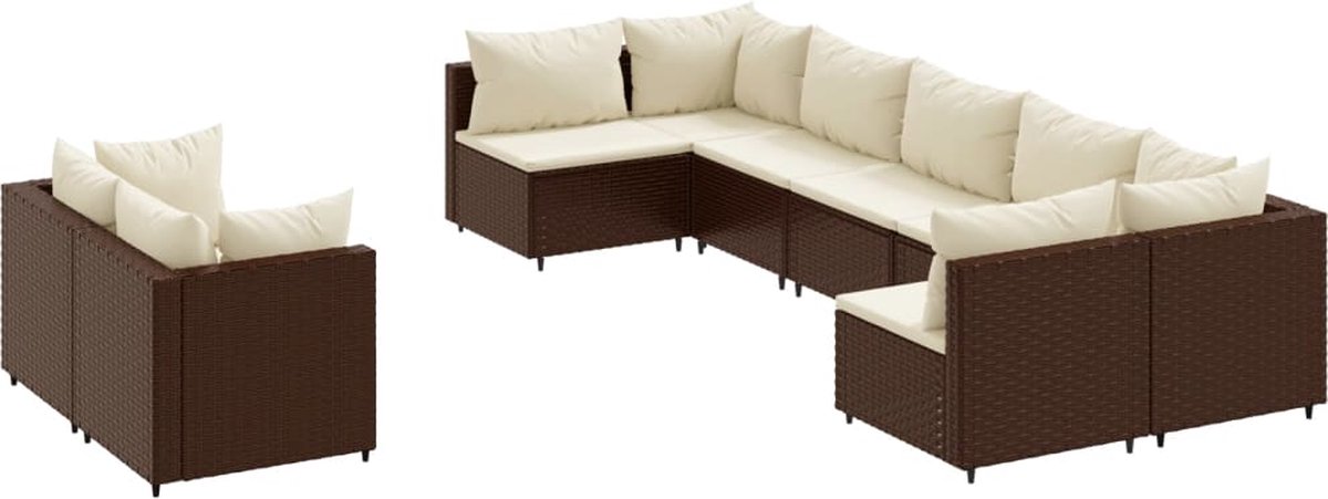 The Living Store 9-delige Loungeset met kussens poly rattan bruin - Loungeset - Tuinset - Buitendecoratie - Loungehoek - Tuinstoel