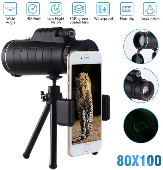 Stargazer - Télescope - Télescope Stargazer - Zoom HD 80 x 100 - Mini trépied - Connexion au téléphone portable