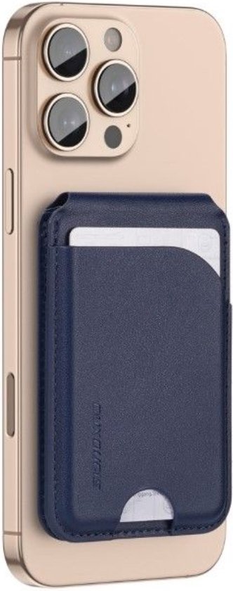 Donkerblauwe magnetische pasjeshouder met tekst 'DUX DUCIS' op een iPhone.