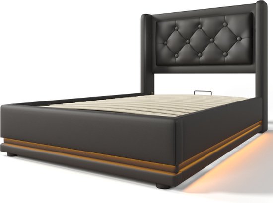 Gegtuon Kinderbed Gestoffeerd Bed 90x200 met Ledverlichting en USB, Hoofdeinde met Opbergfunctie, Hydraulisch Eenpersoonsbed met Opbergruimte, Bedframe met Lattenbodem, zonder Matras, Linnen, Beige