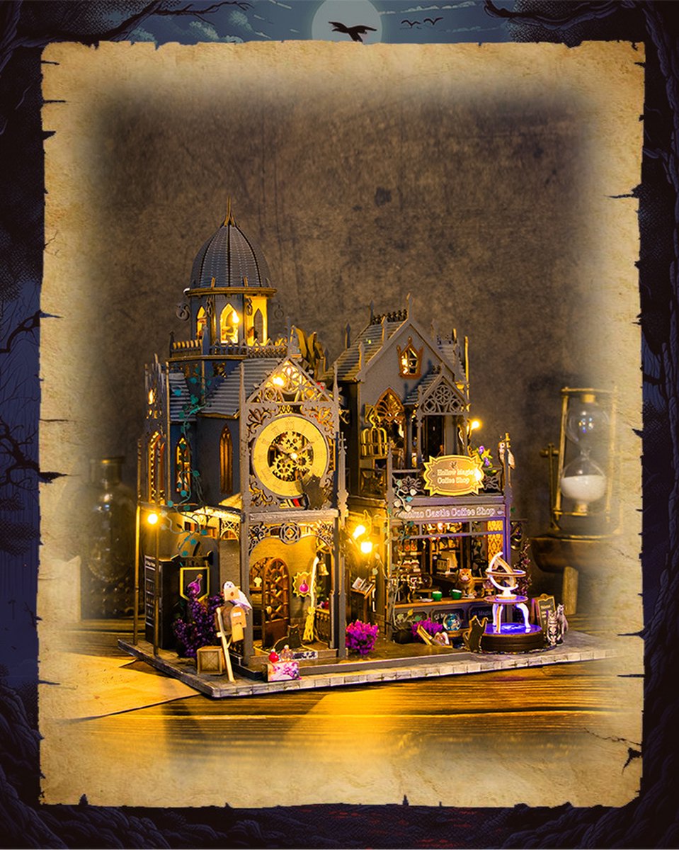 Premium DIY miniatuur poppenhuis kit-houten modelbouw-3D Puzzle-Magic Kasteel-Magisch houten poppenhuis met Led-Halloween Handgemaakte Houten-creatief bouwmodel speelgoed poppenhuis voor jongens en meisjes — afbeelding 2