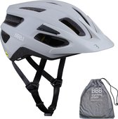 Lichtgrijze fietshelm met vizier en helmprotector ernaast.