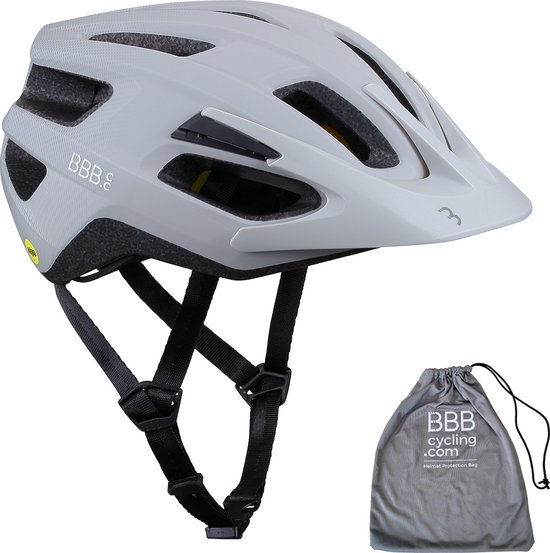 Lichtgrijze fietshelm met vizier en helmprotector ernaast.