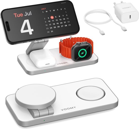Voomy 3-in-1 Draadloze Oplader (15W Snellader) - Opvouwbaar Oplaadstation - Geschikt voor MagSafe iPhone, Apple Watch, AirPods - iOS & Android - Wit