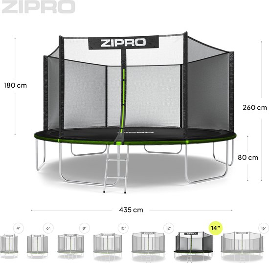 ZIPRO Jump Pro OUT - Trampoline met veiligheidsnet - Ø435cm 14FT - Voor kinderen en volwassenen - Inclusief Ladder - max. 150 kg - Grote - UV-bestendig