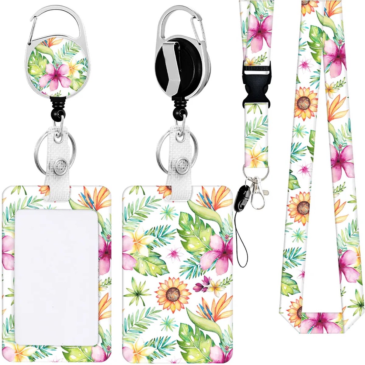Travel Cords - Pashouder Set Summer Flowers - 4 in 1 set - pashouder - keycord - uitrekbare badgehouder - telefooncord - stevig - werk - school