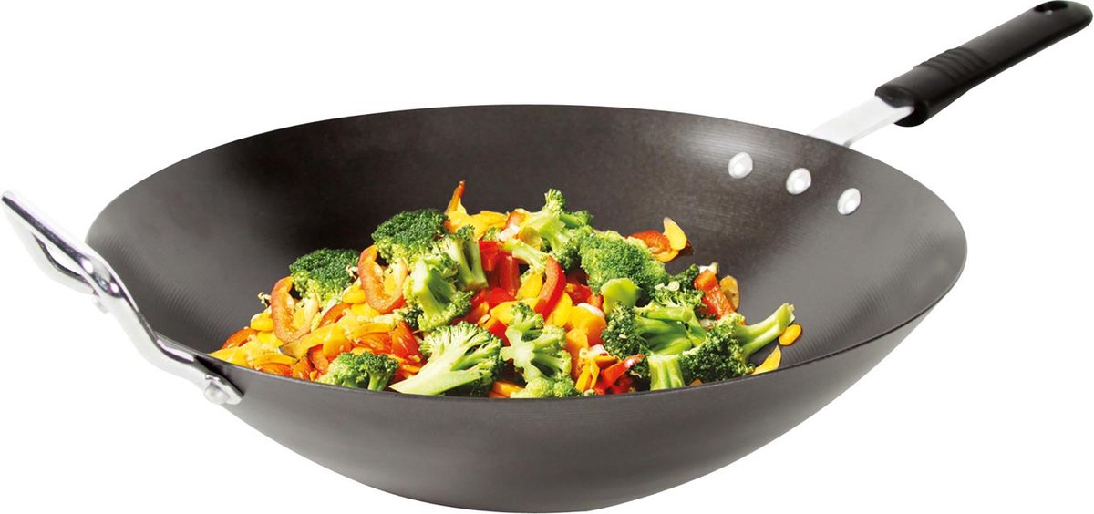 Traditionele Wokpan Ø33 cm – Diepe Antiaanbak Roerbakpan voor Inductie, Gas & Elektrisch – Wok met Handvat voor Aziatische Gerechten – Geschikt voor Alle Warmtebronnen – Zwart