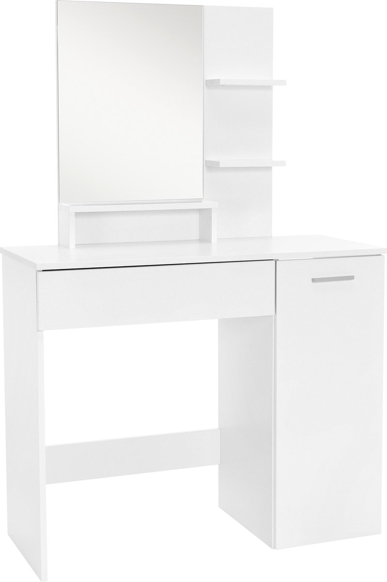 Kaptafel 90x38x138 cm in wit met spiegel, lade, 3 planken & kast ML-Design