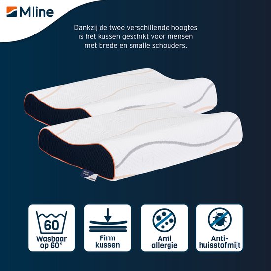 Twee M line hoofdkussens, met icoontjes voor wasbaar op 60 graden, stevig kussen, anti-allergie en anti-huisstofmijt.