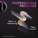 Swatches van wimper- en wenkbrauwverf in donkergrijs, lichtgrijs en paars. Water- en vlekbestendig. Vegan formule.