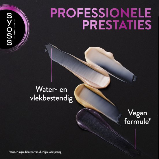 Swatches van wimper- en wenkbrauwverf in donkergrijs, lichtgrijs en paars. Water- en vlekbestendig. Vegan formule.
