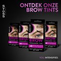 Vier verpakkingen SYOSS wenkbrauwverf: zwart, donkerblond, lichtbruin en donkerbruin. "ONTDEK ONZE BROW TINTS".