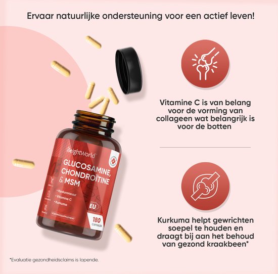 Fles bruine pillen met etiket 'Glucosamine, Chondroïtine & MSM'. Geïllustreerd met een bot en een pijl die naar een gewricht wijst.
