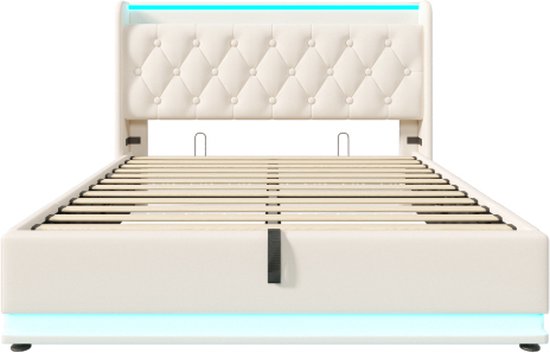 Gestoffeerd Opbergbed 90x200cm - Met LED - Met 4 Oplaadpoorten  USB/Type-C  - Hoofdeinde Met Opbergruimte Linnen Grijs Zonder Matras