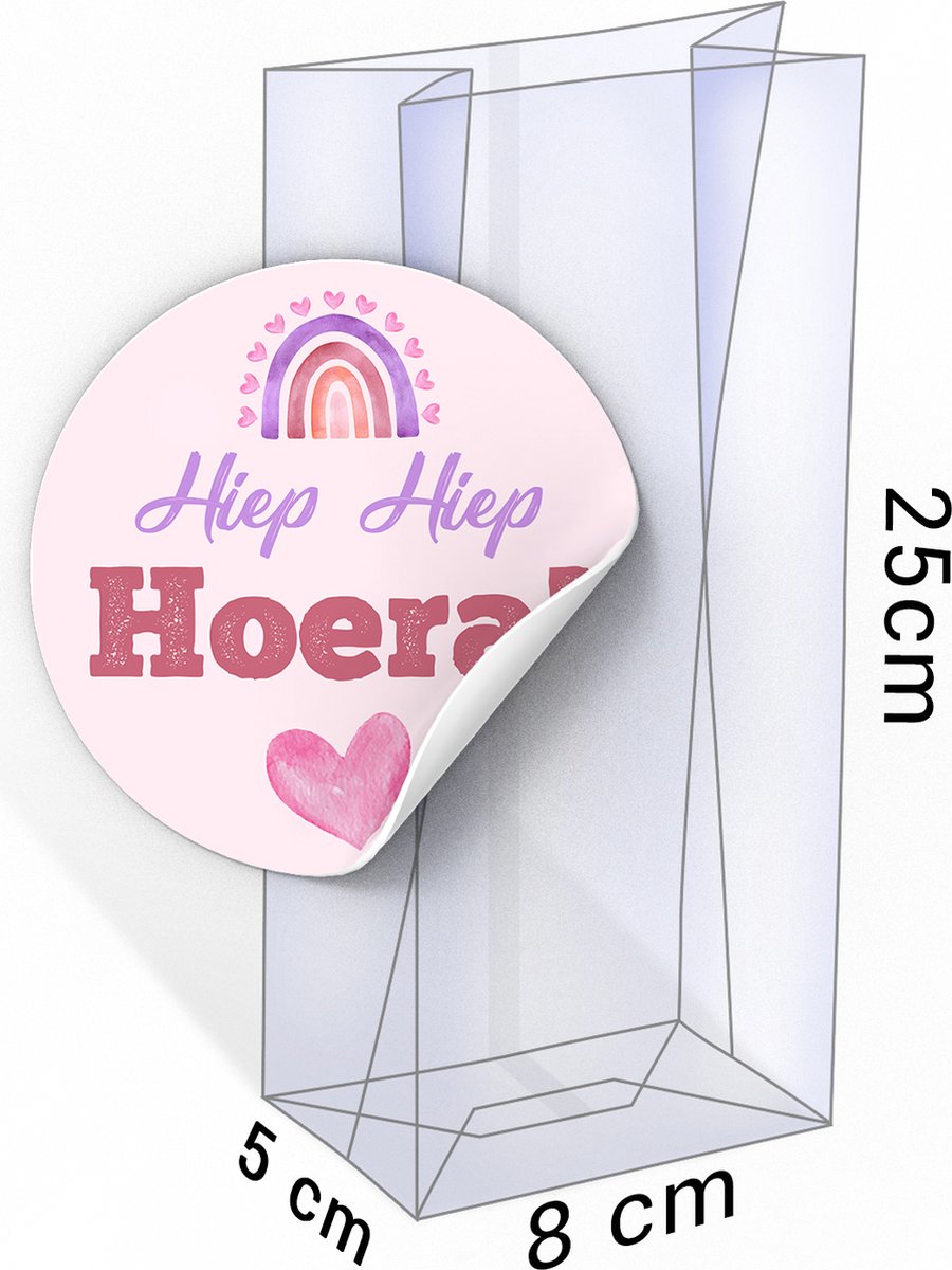 20x Uitdeelzakjes + Roze regenboog Stickers - 80 x 50 x 250mm | Blokbodemzakjes transparant | Plastic Zakjes | Cellofaanzakjes | Uitdeelzakjes transparant | Uitdeelzakjes kinderfeestje | Cadeauzakjes | Inpakzakjes | Traktatie zakjes