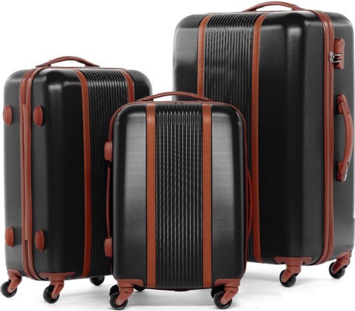 Luxe Kofferset – 3 Delig – Reiskoffer met Wielen – Handbagage Trolley – Authentieke Stijl – Zwart/Bruin