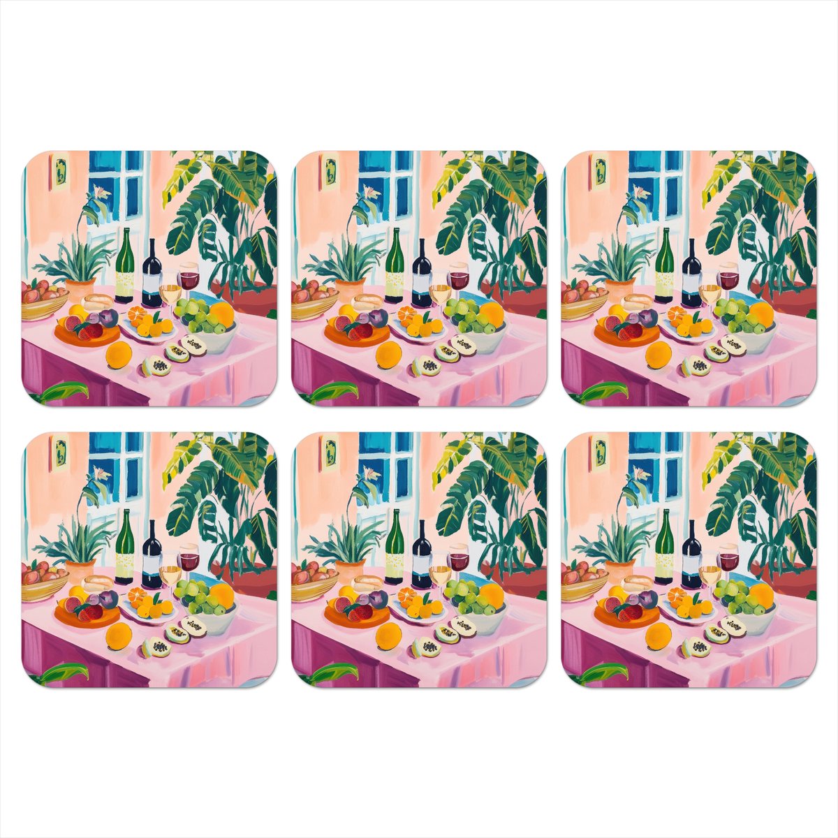 Onderzetters voor glazen - Tafel - Wijn - Fruit - 10x10 cm - Glasonderzetters - 6 stuks