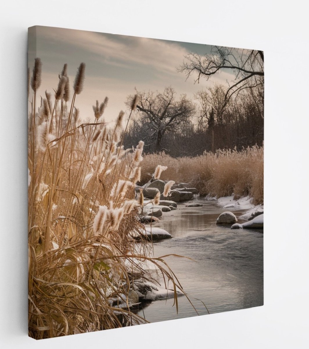 Saammp Canvas Schilderij - Bevroren Gras - Bloemen - Landschap - Natuur - 40x40 - Foto op canvas - Wanddecoratie - Muurdecoratie Woonkamer - Slaapkamer decoratie - Canvas Print Multicolor