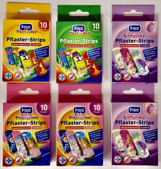Figo® | 6 x 10 kinderpleisters assorti | Prinses, Eenhoorn, Dieren | diverse kleuren en prints | waterbestendig | meisjes |